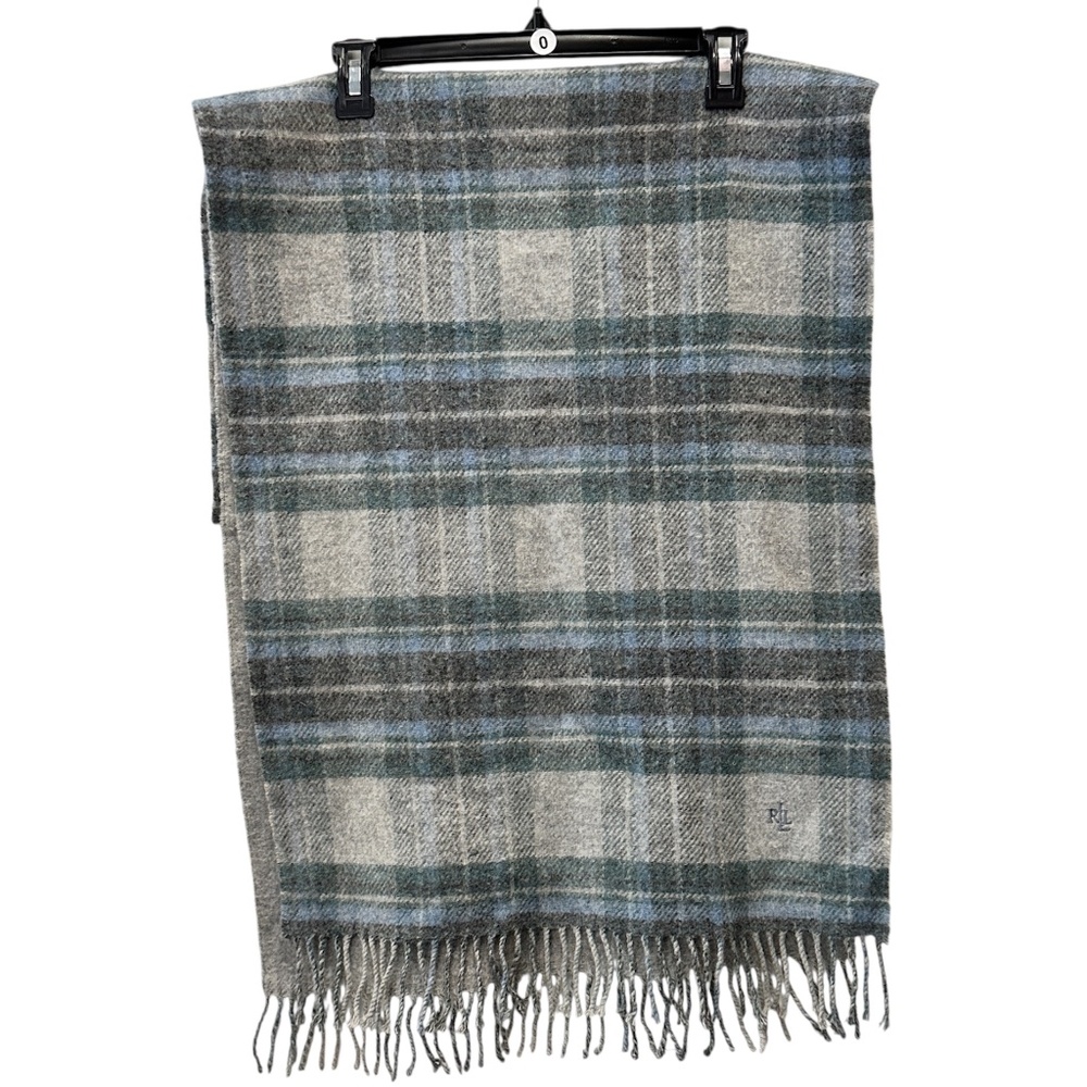 Lauren Ralph Lauren Men's Gray Plaid Tartan Lambswool Reversible Fringe Scarf